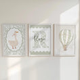 Load image into Gallery viewer, Sage Green Nursery Prints – Personalised Goose & Hot Air Balloon - RoseRowanDesign -