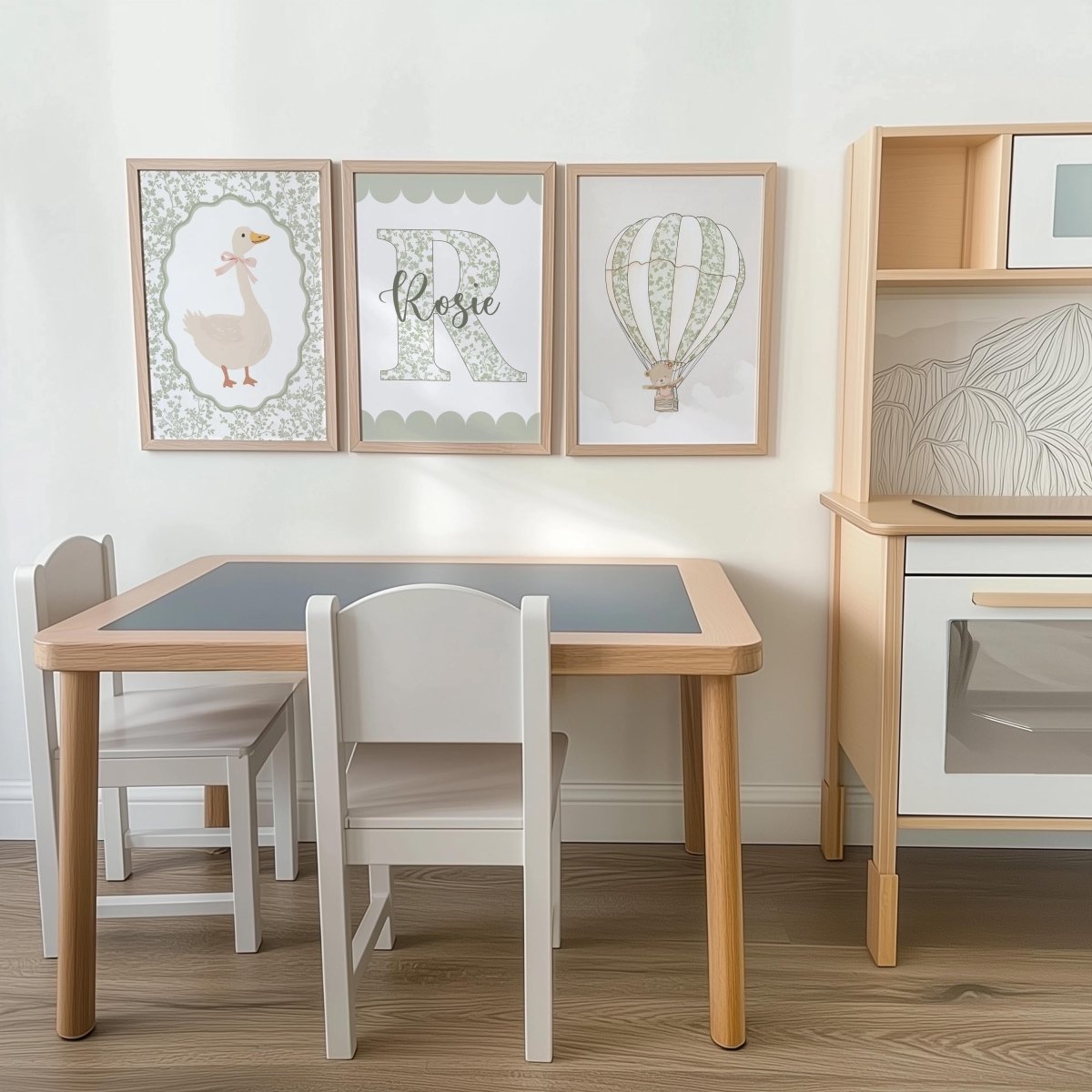 Sage Green Nursery Prints – Personalised Goose & Hot Air Balloon - RoseRowanDesign -