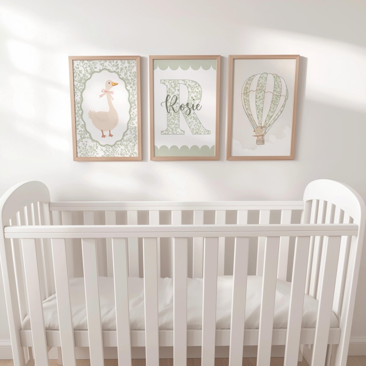 Sage Green Nursery Prints – Personalised Goose & Hot Air Balloon - RoseRowanDesign -