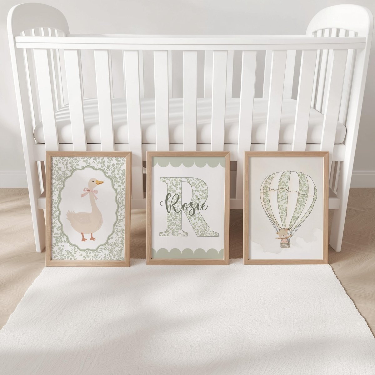 Sage Green Nursery Prints – Personalised Goose & Hot Air Balloon - RoseRowanDesign -