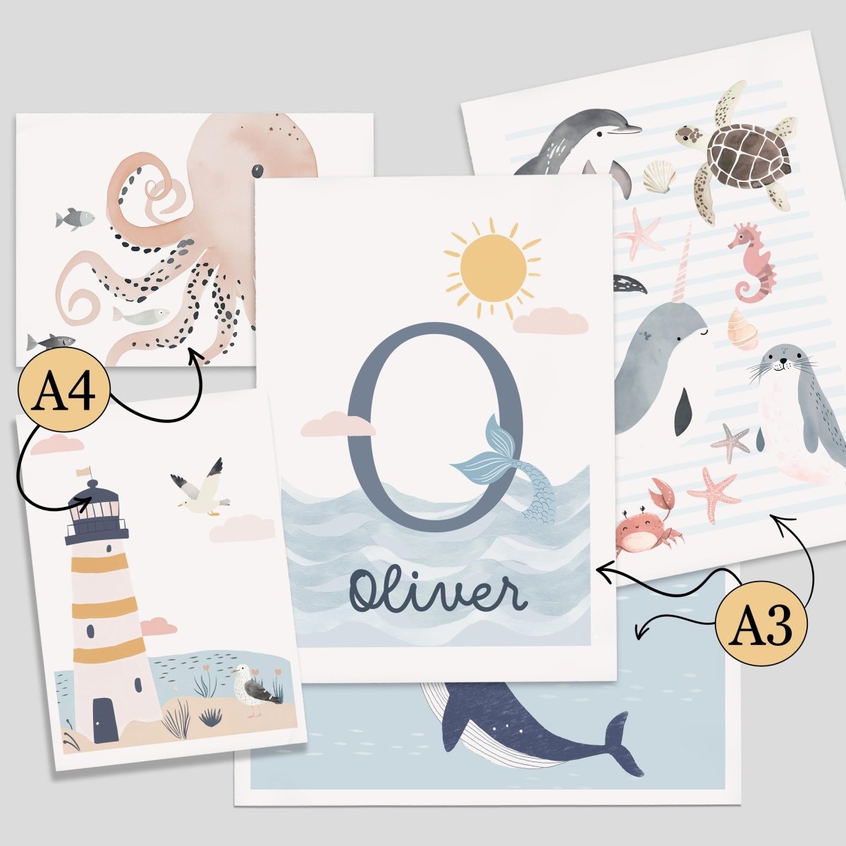 Sea Life Nursery Gallery Wall Set – Ocean Creatures Prints - RoseRowanDesign - Wall Art