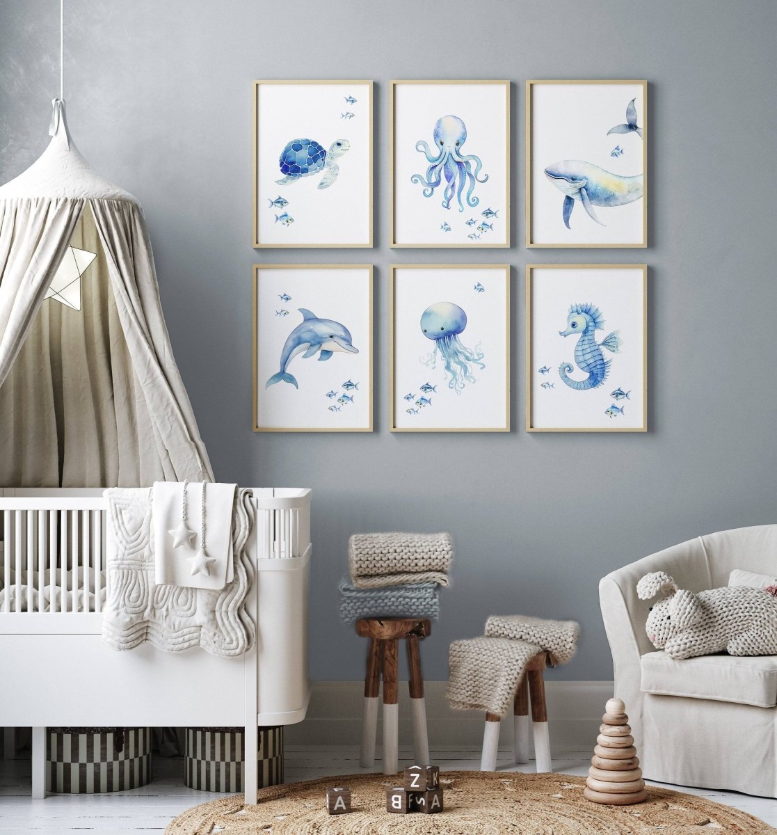 Sea Life Nursery Prints | Set of 6 | Ocean Theme Wall Art for Baby's Room - RoseRowanDesign -