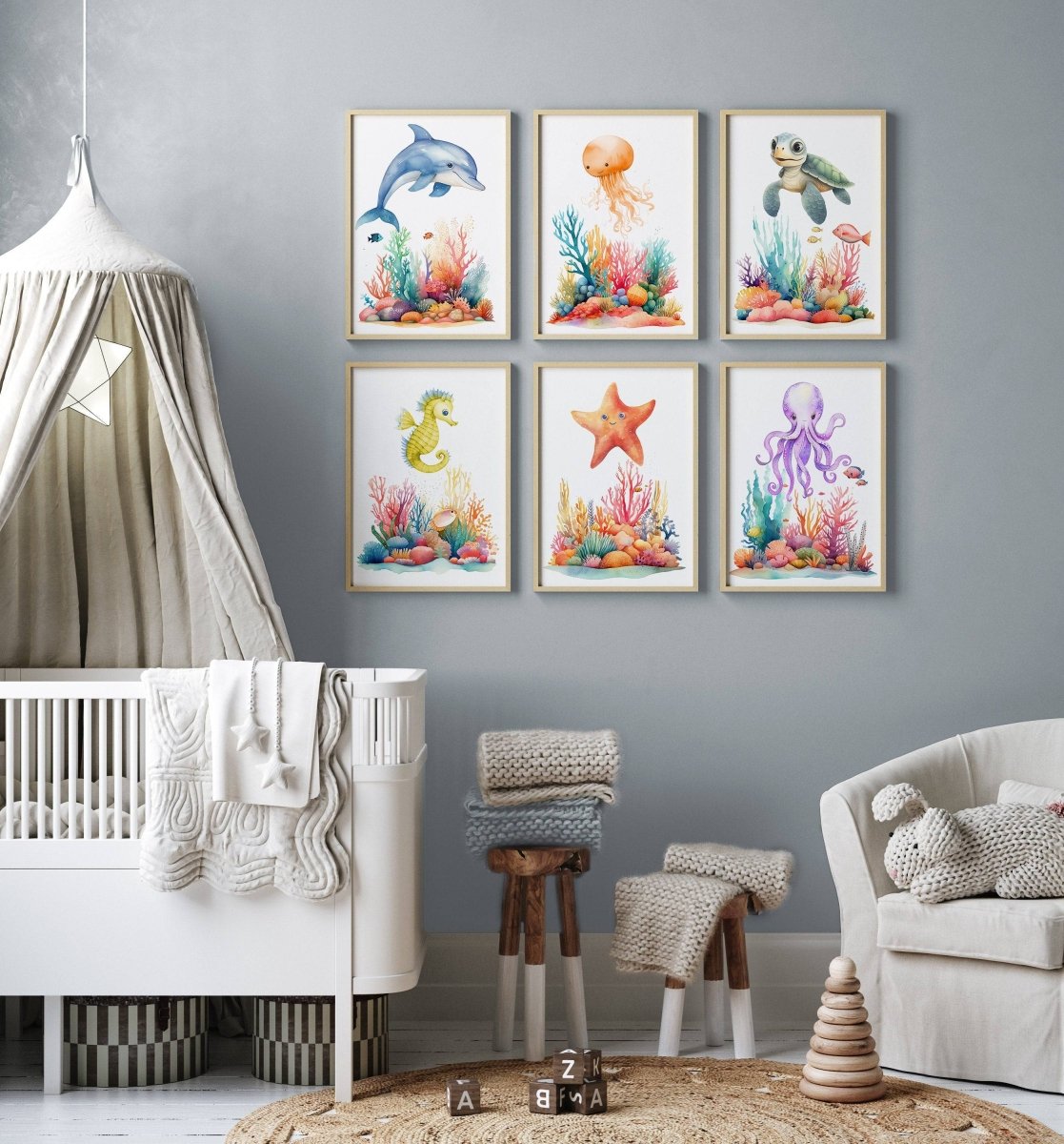 Sea Life Nursery Prints | Set of 6 | Ocean - Themed Wall Art for Baby's Room - RoseRowanDesign -