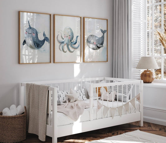Sea Life Wall Art | Set of 3 | Nautical Ocean Theme for Nursery or Kids' Room - RoseRowanDesign -