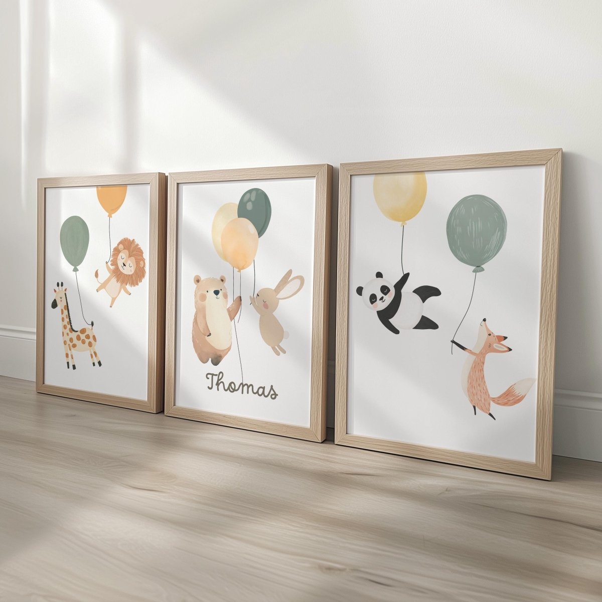 Set of 3 Balloon Animal Nursery Prints – Personalised Bear, Bunny, Giraffe & Lion Wall Art for Kids Room - RoseRowanDesign -