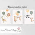 Load image into Gallery viewer, Set of 3 Balloon Animal Nursery Prints – Personalised Bear, Bunny, Giraffe & Lion Wall Art for Kids Room - RoseRowanDesign -