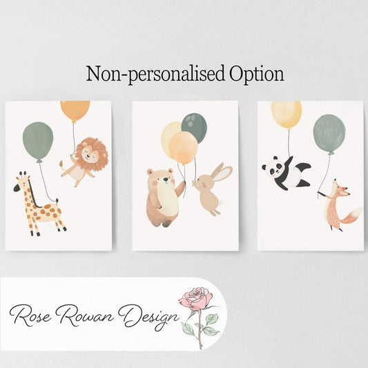 Set of 3 Balloon Animal Nursery Prints – Personalised Bear, Bunny, Giraffe & Lion Wall Art for Kids Room - RoseRowanDesign -