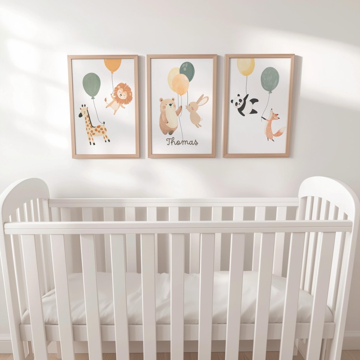 Set of 3 Balloon Animal Nursery Prints – Personalised Bear, Bunny, Giraffe & Lion Wall Art for Kids Room - RoseRowanDesign -