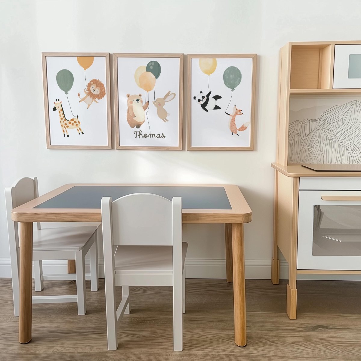 Set of 3 Balloon Animal Nursery Prints – Personalised Bear, Bunny, Giraffe & Lion Wall Art for Kids Room - RoseRowanDesign -