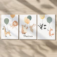 Load image into Gallery viewer, Set of 3 Balloon Animal Nursery Prints – Personalised Bear, Bunny, Giraffe & Lion Wall Art for Kids Room - RoseRowanDesign -