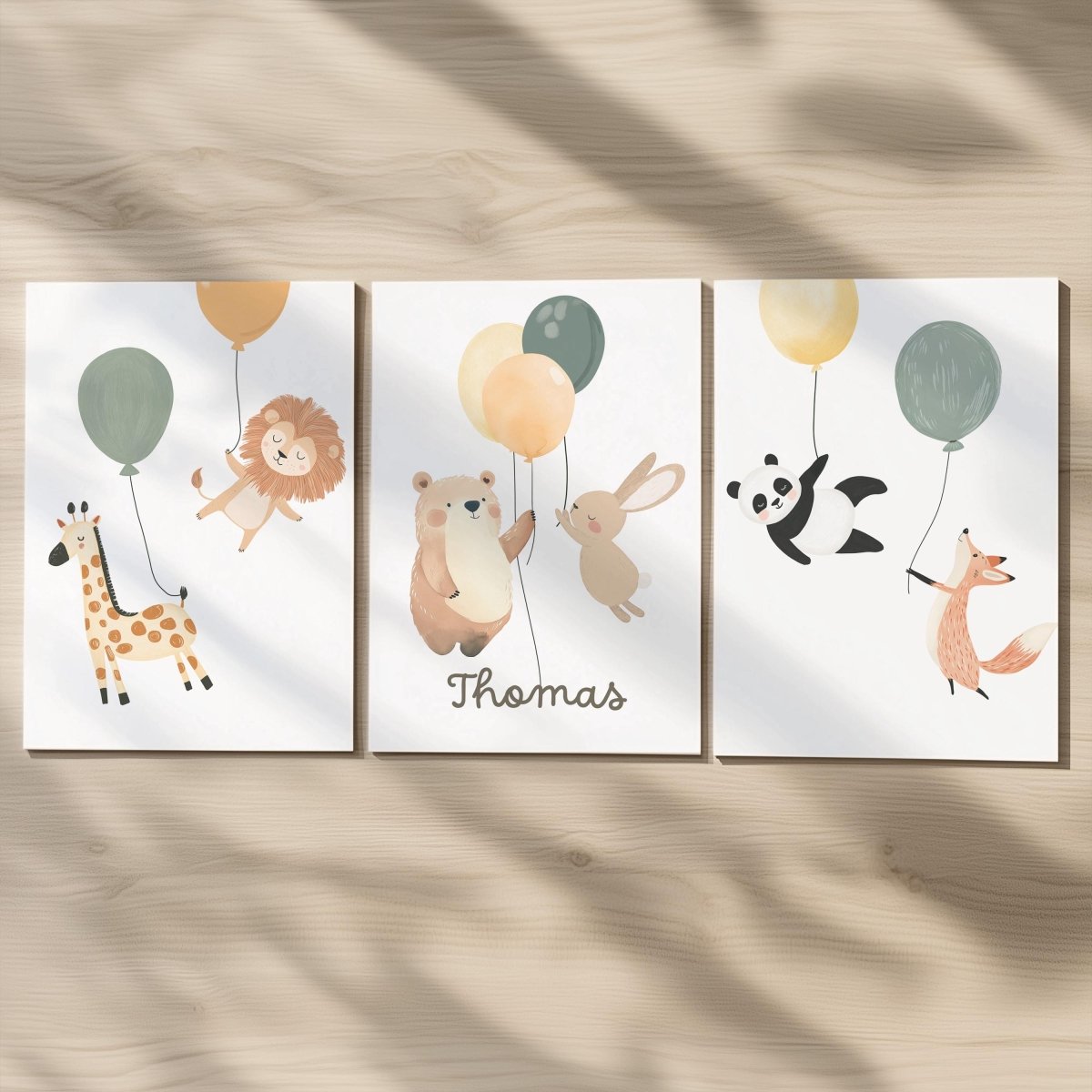 Set of 3 Balloon Animal Nursery Prints – Personalised Bear, Bunny, Giraffe & Lion Wall Art for Kids Room - RoseRowanDesign -