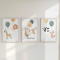 Load image into Gallery viewer, Set of 3 Balloon Animal Nursery Prints – Personalised Bear, Bunny, Giraffe & Lion Wall Art for Kids Room - RoseRowanDesign -