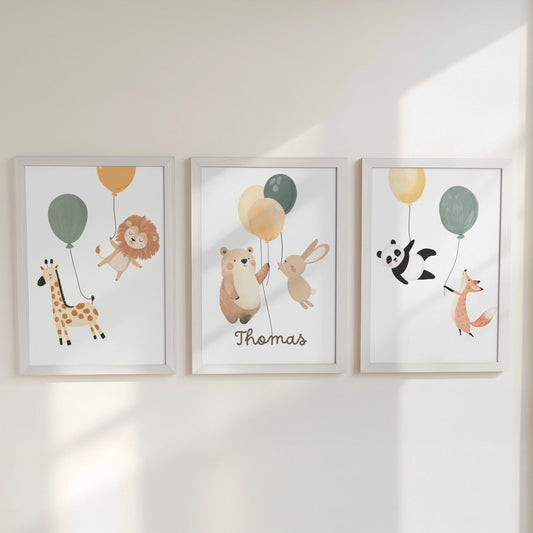 Set of 3 Balloon Animal Nursery Prints – Personalised Bear, Bunny, Giraffe & Lion Wall Art for Kids Room - RoseRowanDesign -