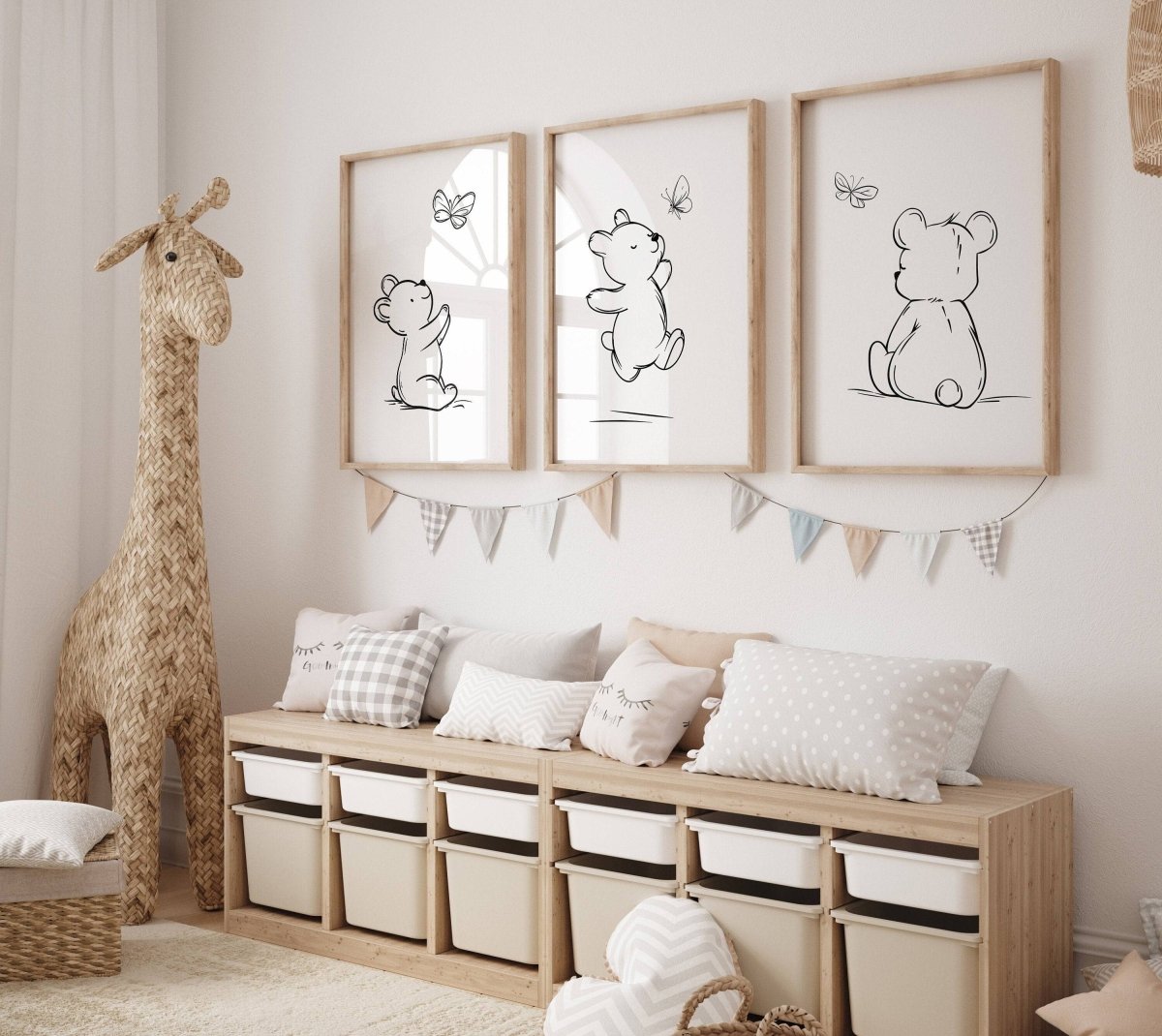 Set of 3 Bear Line Art Prints for Nursery, Teddy Pictures for Babies Bedroom, Black and White Kids Room Decor, Gender Neutral Playroom - RoseRowanDesign -