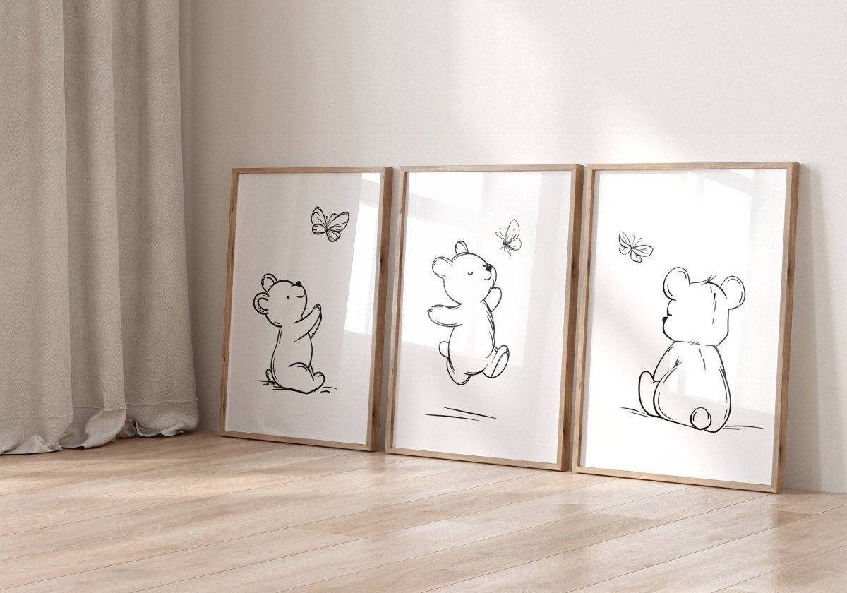 Set of 3 Bear Line Art Prints for Nursery, Teddy Pictures for Babies Bedroom, Black and White Kids Room Decor, Gender Neutral Playroom - RoseRowanDesign -