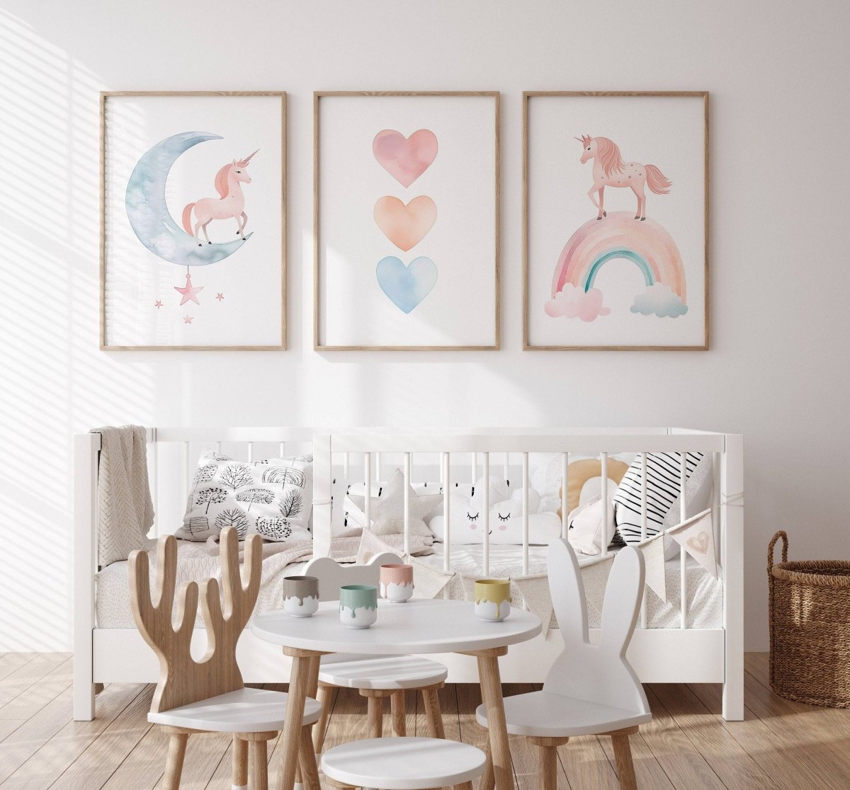 Set of 3 Boho Unicorn Nursery Prints | Rainbow and Pastel Hearts Wall Art for Girls' Bedroom Decor - RoseRowanDesign -