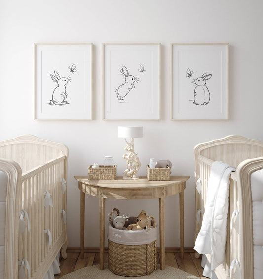 Set of 3 Bunny Line Art Prints for Nursery, Rabbit Pictures for Babies Bedroom, Black and White Kids Room Decor, Gender Neutral Playroom - RoseRowanDesign -
