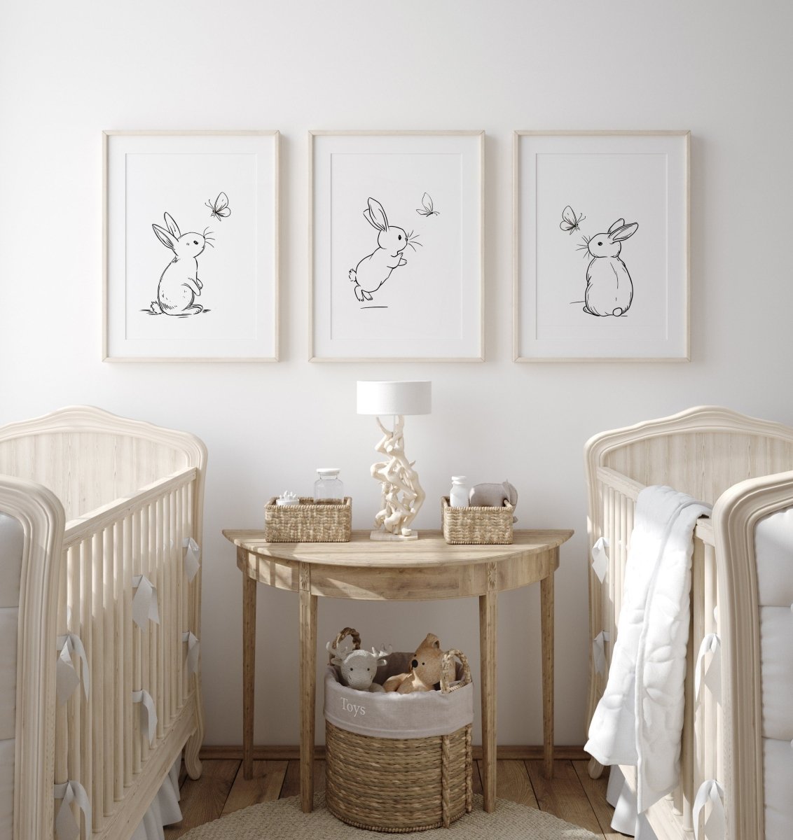 Set of 3 Bunny Line Art Prints for Nursery, Rabbit Pictures for Babies Bedroom, Black and White Kids Room Decor, Gender Neutral Playroom - RoseRowanDesign -