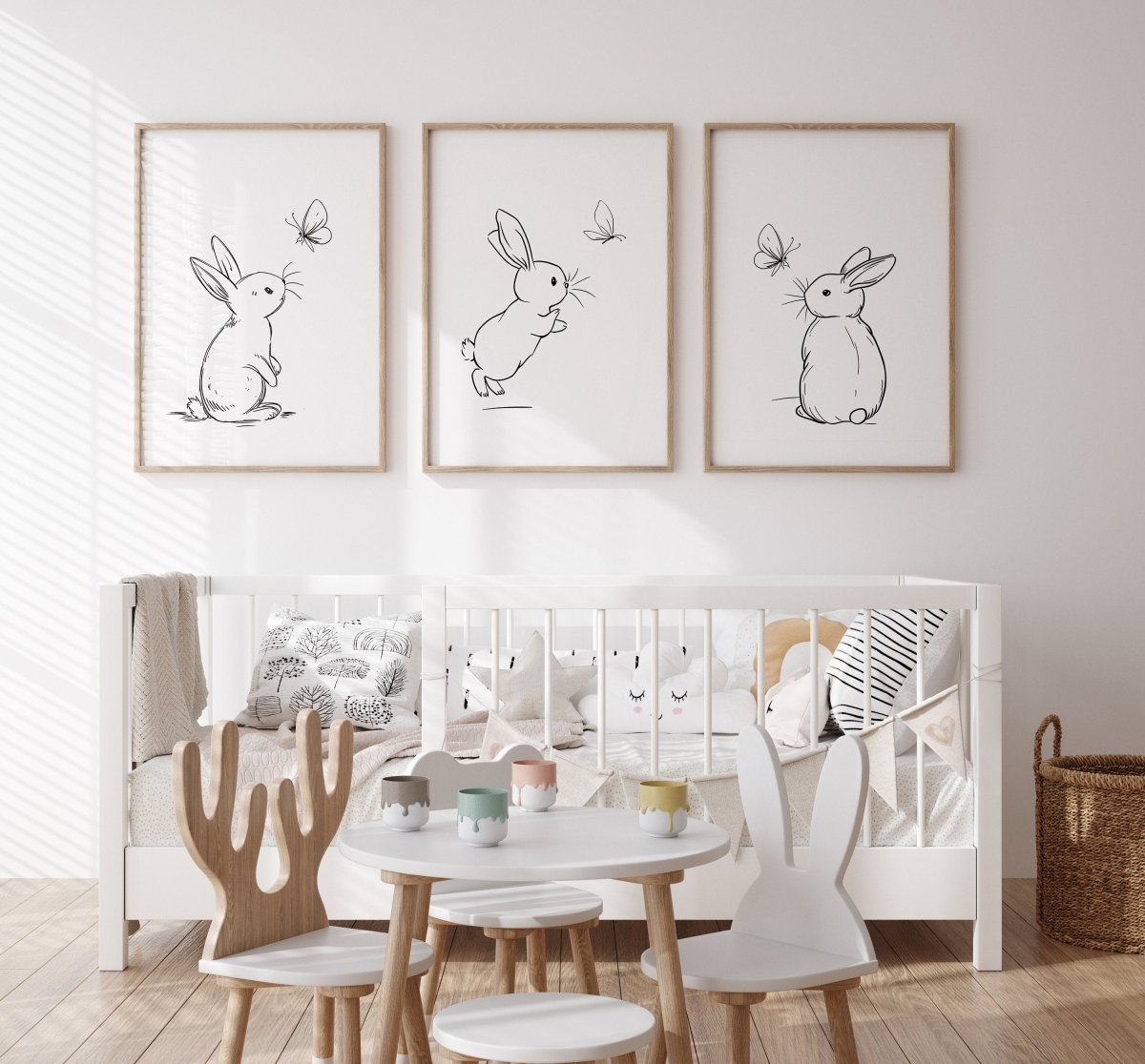 Set of 3 Bunny Line Art Prints for Nursery, Rabbit Pictures for Babies Bedroom, Black and White Kids Room Decor, Gender Neutral Playroom - RoseRowanDesign -