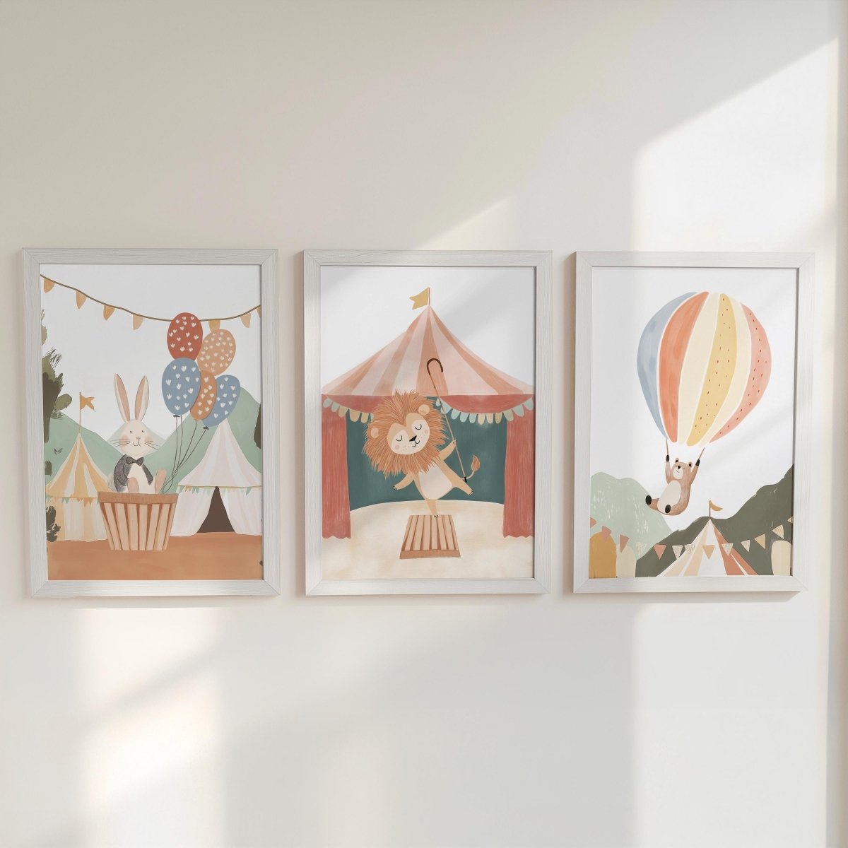 Set of 3 Circus Animal Nursery Prints – Whimsical Lion & Balloon Wall Art for Kids Room - RoseRowanDesign -