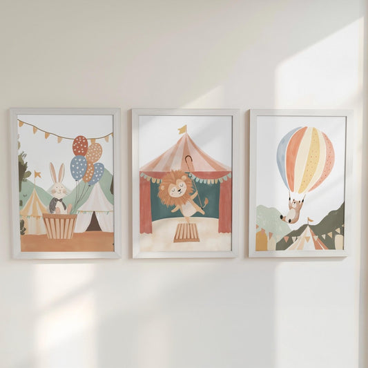 Set of 3 Circus Animal Nursery Prints – Whimsical Lion & Balloon Wall Art for Kids Room - RoseRowanDesign -