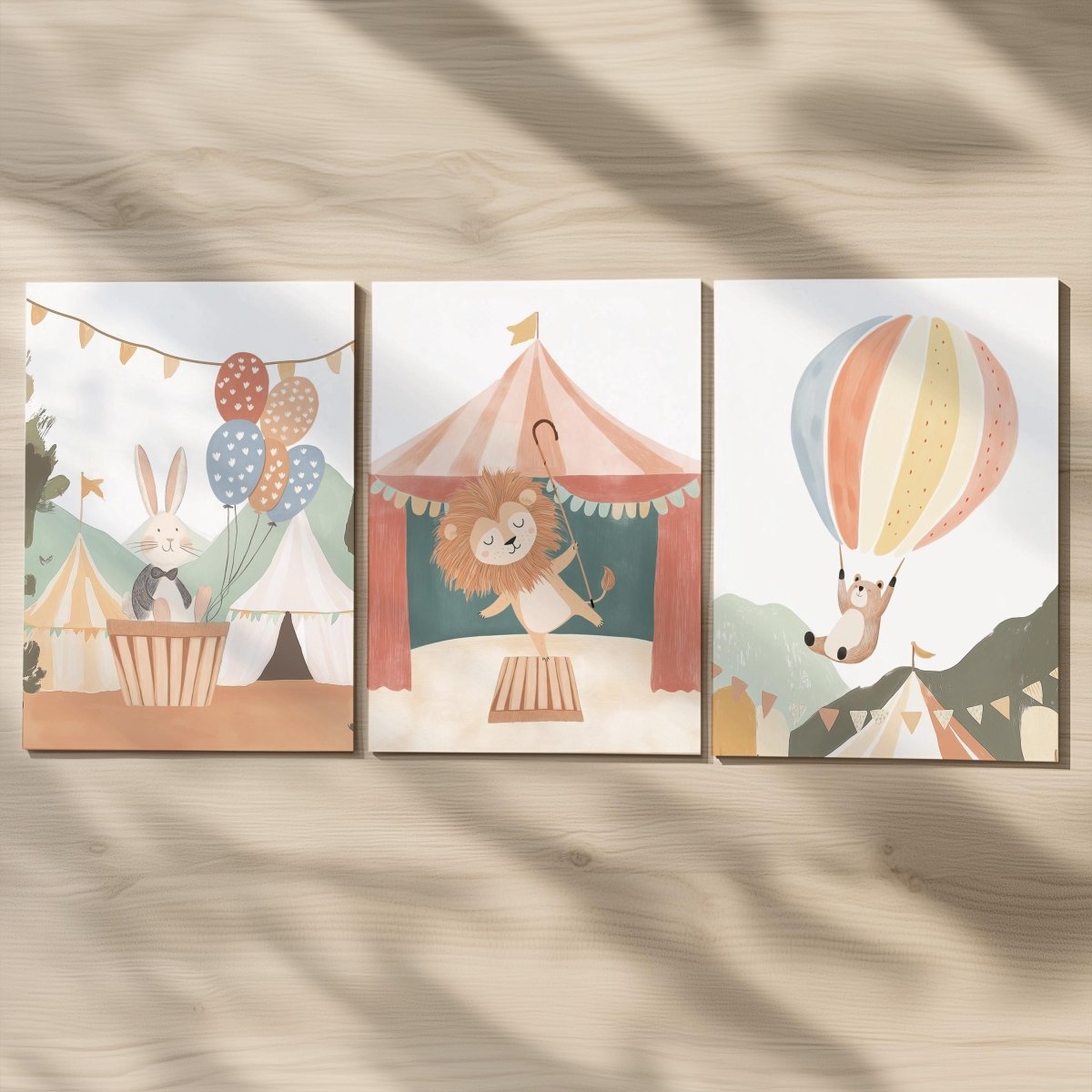 Set of 3 Circus Animal Nursery Prints – Whimsical Lion & Balloon Wall Art for Kids Room - RoseRowanDesign -