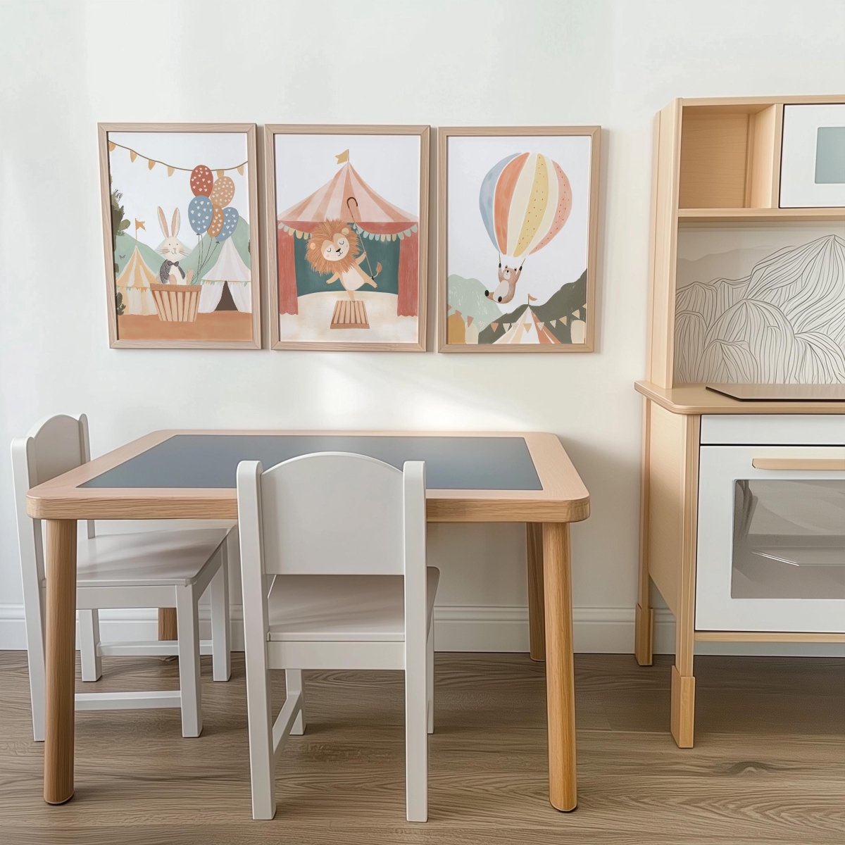 Set of 3 Circus Animal Nursery Prints – Whimsical Lion & Balloon Wall Art for Kids Room - RoseRowanDesign -