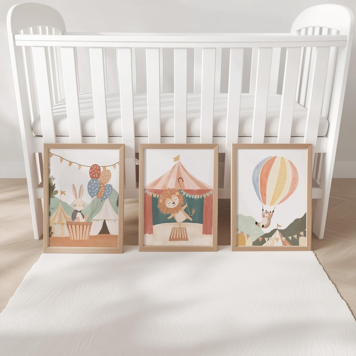 Set of 3 Circus Animal Nursery Prints – Whimsical Lion & Balloon Wall Art for Kids Room - RoseRowanDesign -