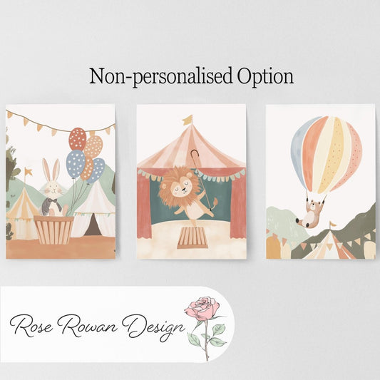 Set of 3 Circus Animal Nursery Prints – Whimsical Lion & Balloon Wall Art for Kids Room - RoseRowanDesign -