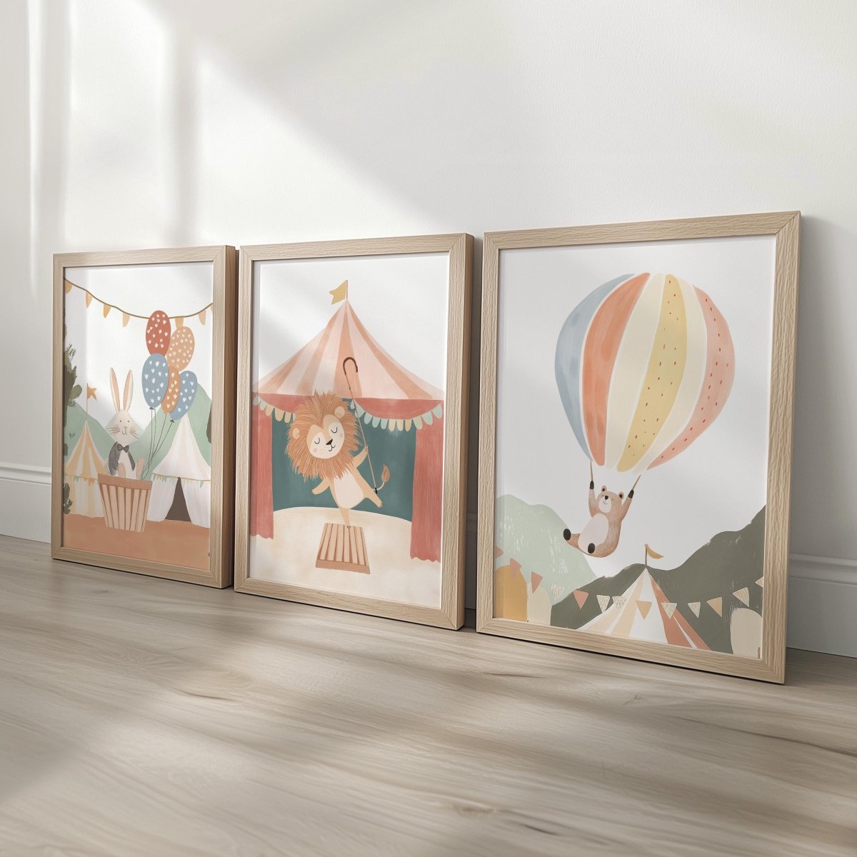 Set of 3 Circus Animal Nursery Prints – Whimsical Lion & Balloon Wall Art for Kids Room - RoseRowanDesign -