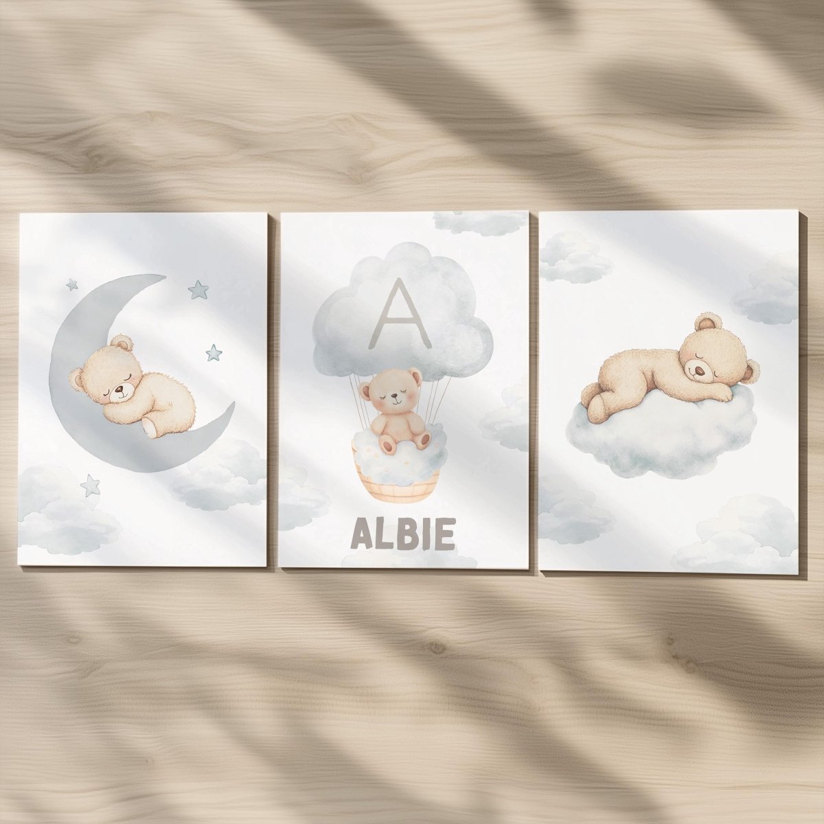 Set of 3 Cloud Bears Prints – Beige & Grey Gender Neutral Wall Art for Nursery, Bedroom or Playroom - RoseRowanDesign -