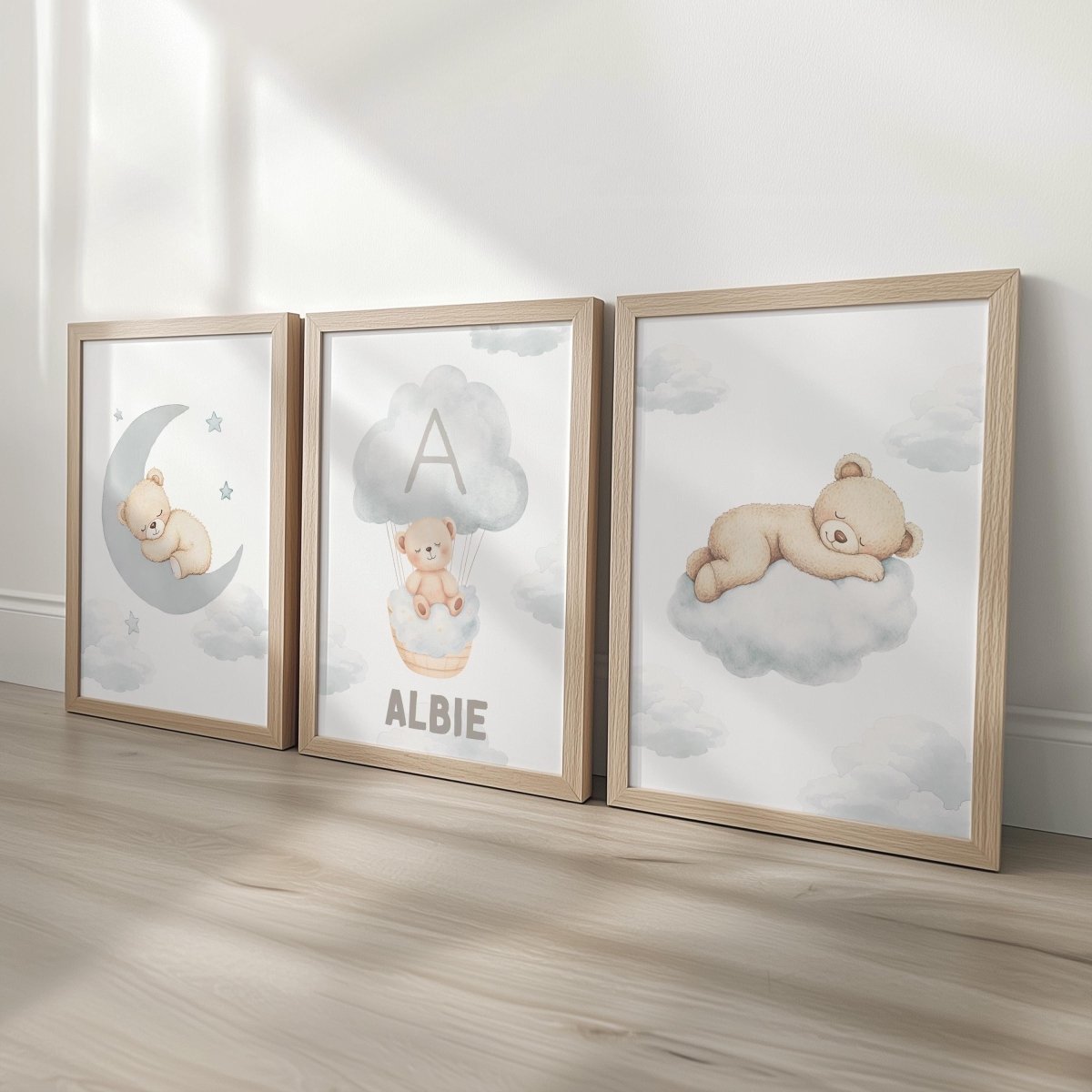 Set of 3 Cloud Bears Prints – Beige & Grey Gender Neutral Wall Art for Nursery, Bedroom or Playroom - RoseRowanDesign -