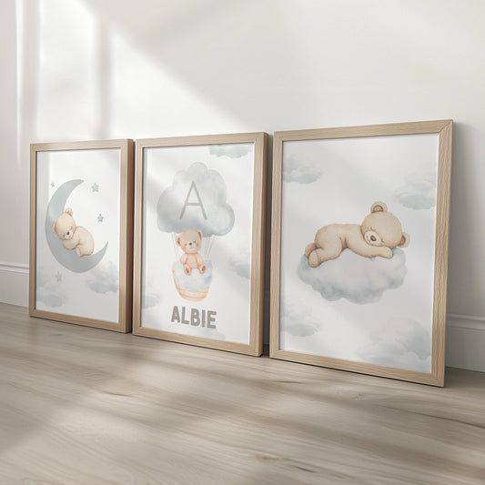 Set of 3 Cloud Bears Prints – Beige & Grey Gender Neutral Wall Art for Nursery, Bedroom or Playroom - RoseRowanDesign -