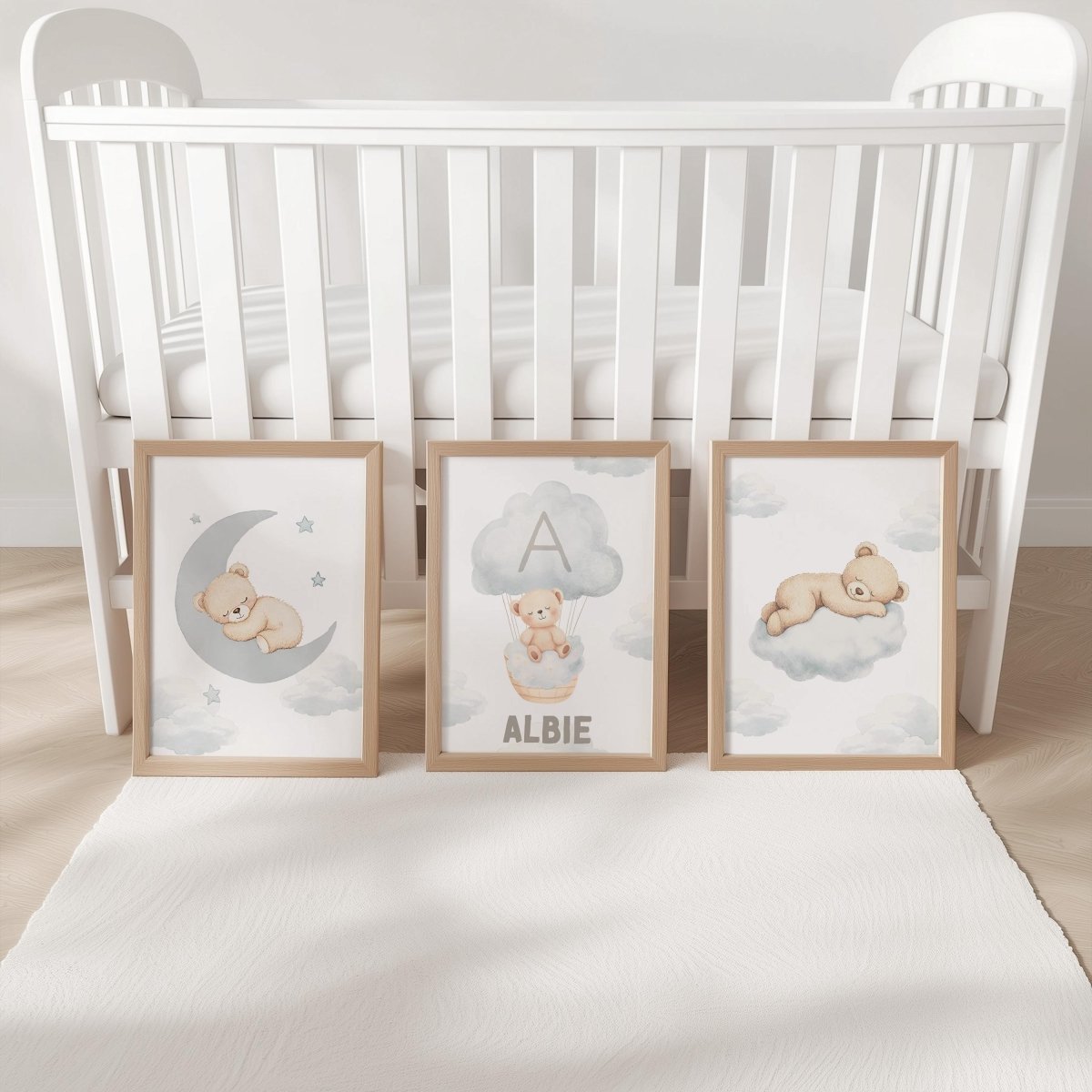 Set of 3 Cloud Bears Prints – Beige & Grey Gender Neutral Wall Art for Nursery, Bedroom or Playroom - RoseRowanDesign -