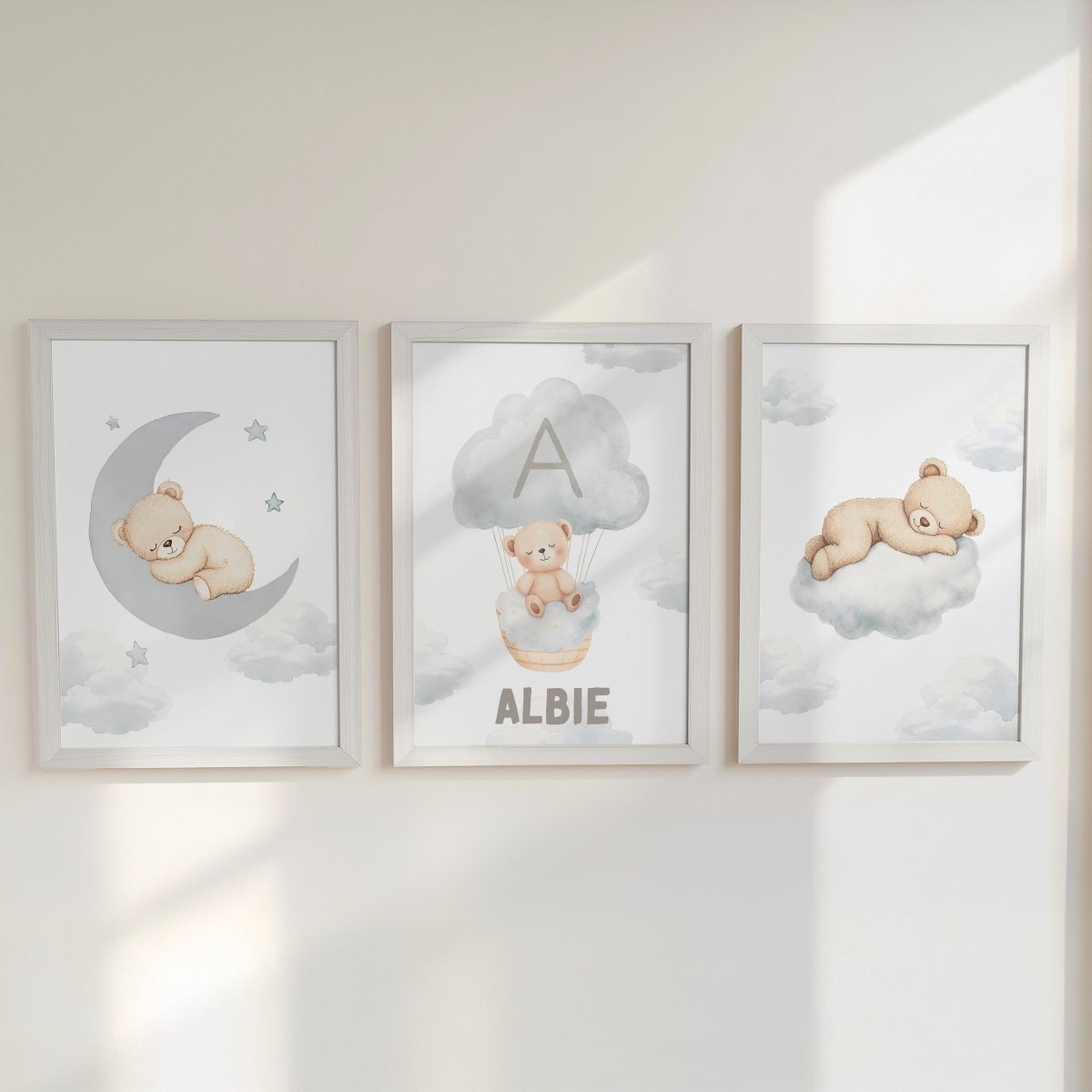 Set of 3 Cloud Bears Prints – Beige & Grey Gender Neutral Wall Art for Nursery, Bedroom or Playroom - RoseRowanDesign -
