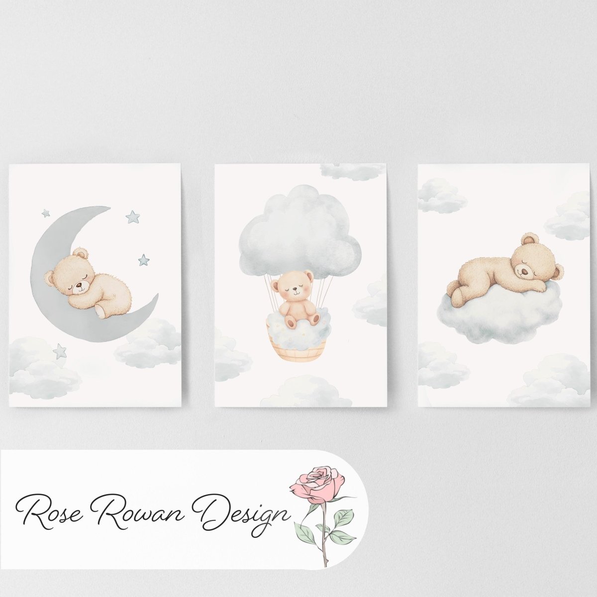 Set of 3 Cloud Bears Prints – Beige & Grey Gender Neutral Wall Art for Nursery, Bedroom or Playroom - RoseRowanDesign -