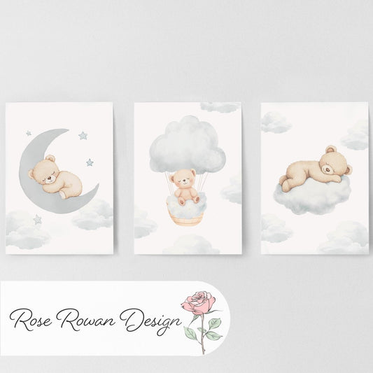 Set of 3 Cloud Bears Prints – Beige & Grey Gender Neutral Wall Art for Nursery, Bedroom or Playroom - RoseRowanDesign -