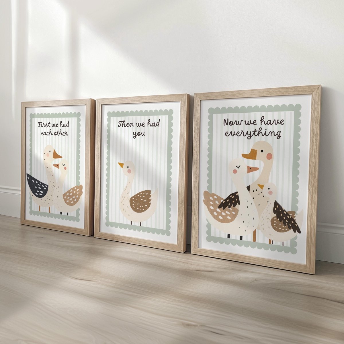 Set of 3 Goose Family Prints – 'First We Had Each Other' Neutral Wall Art for Nursery & Playroom - RoseRowanDesign -