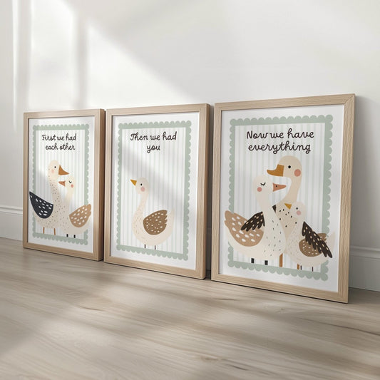 Set of 3 Goose Family Prints – 'First We Had Each Other' Neutral Wall Art for Nursery & Playroom - RoseRowanDesign -
