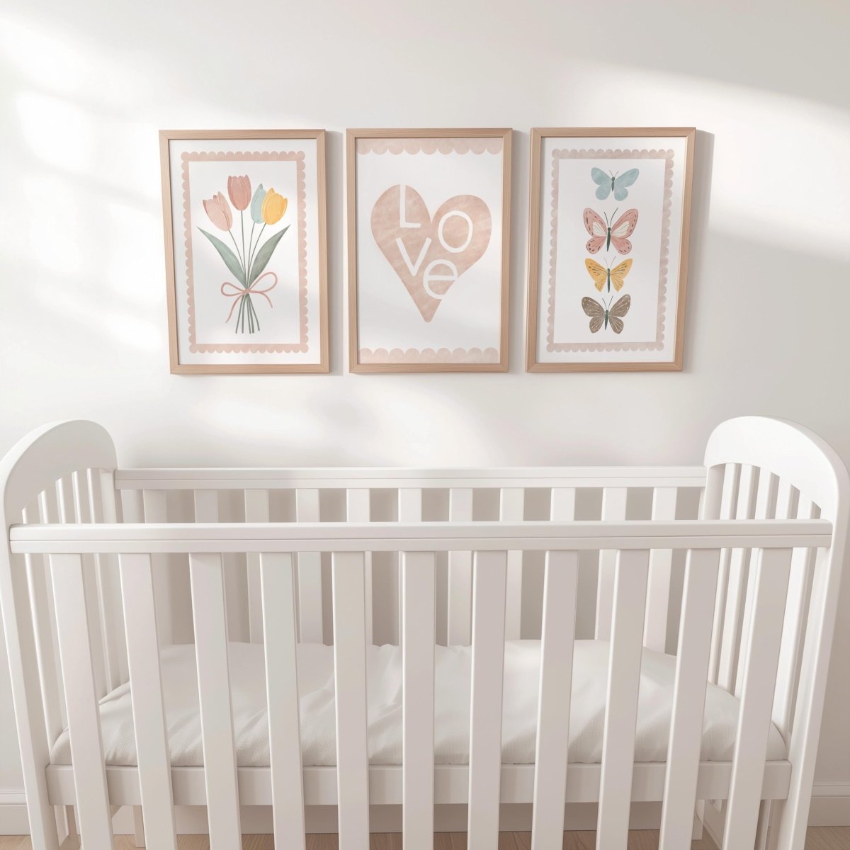 Set of 3 Heart Flowers & Butterflies Prints – Personalised Tulip Name Wall Art for Girls Nursery - RoseRowanDesign -