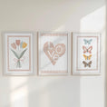 Load image into Gallery viewer, Set of 3 Heart Flowers & Butterflies Prints – Personalised Tulip Name Wall Art for Girls Nursery - RoseRowanDesign -