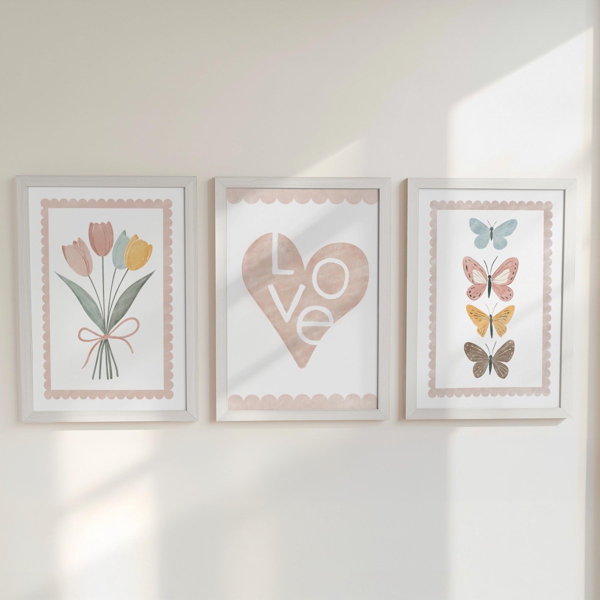 Set of 3 Heart Flowers & Butterflies Prints – Personalised Tulip Name Wall Art for Girls Nursery - RoseRowanDesign -