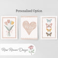 Load image into Gallery viewer, Set of 3 Heart Flowers & Butterflies Prints – Personalised Tulip Name Wall Art for Girls Nursery - RoseRowanDesign -