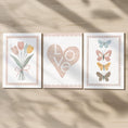Load image into Gallery viewer, Set of 3 Heart Flowers & Butterflies Prints – Personalised Tulip Name Wall Art for Girls Nursery - RoseRowanDesign -