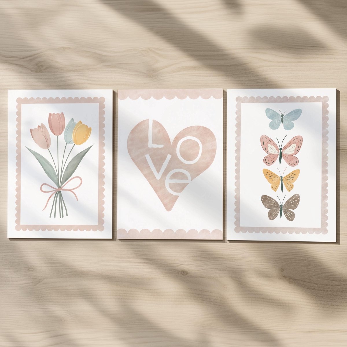 Set of 3 Heart Flowers & Butterflies Prints – Personalised Tulip Name Wall Art for Girls Nursery - RoseRowanDesign -