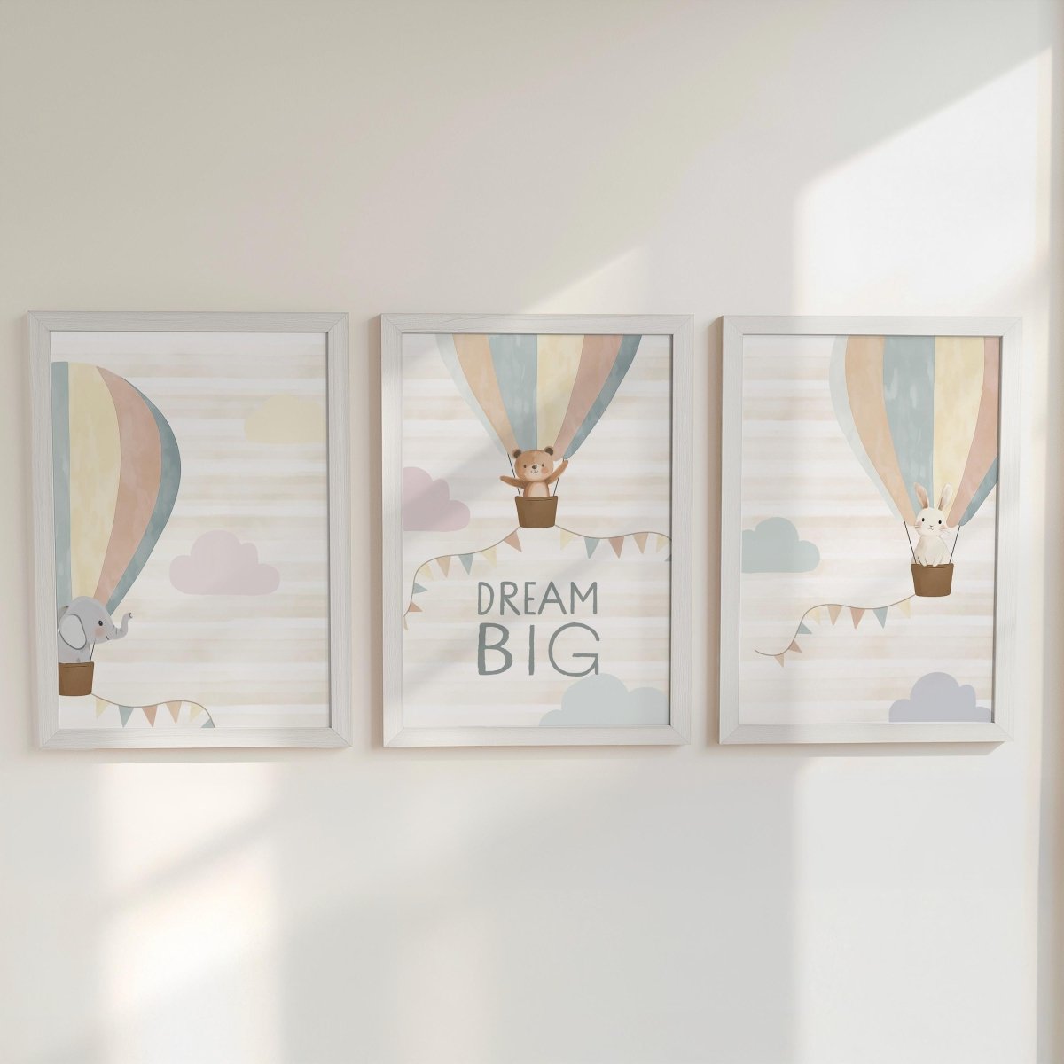 Set of 3 Hot Air Balloon Nursery Prints – Gender Neutral Boho Animal Wall Art for Kids Room - RoseRowanDesign -