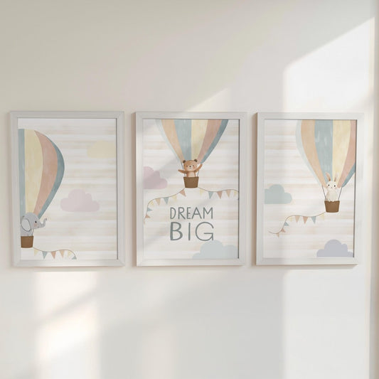 Set of 3 Hot Air Balloon Nursery Prints – Gender Neutral Boho Animal Wall Art for Kids Room - RoseRowanDesign -