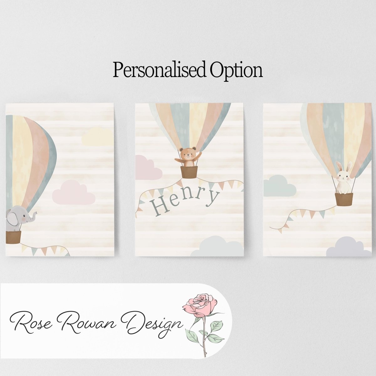 Set of 3 Hot Air Balloon Nursery Prints – Gender Neutral Boho Animal Wall Art for Kids Room - RoseRowanDesign -