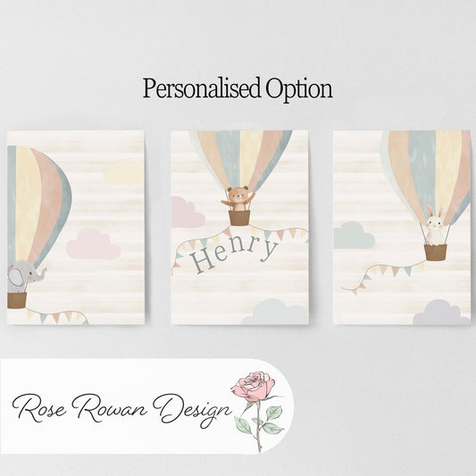 Set of 3 Hot Air Balloon Nursery Prints – Gender Neutral Boho Animal Wall Art for Kids Room - RoseRowanDesign -