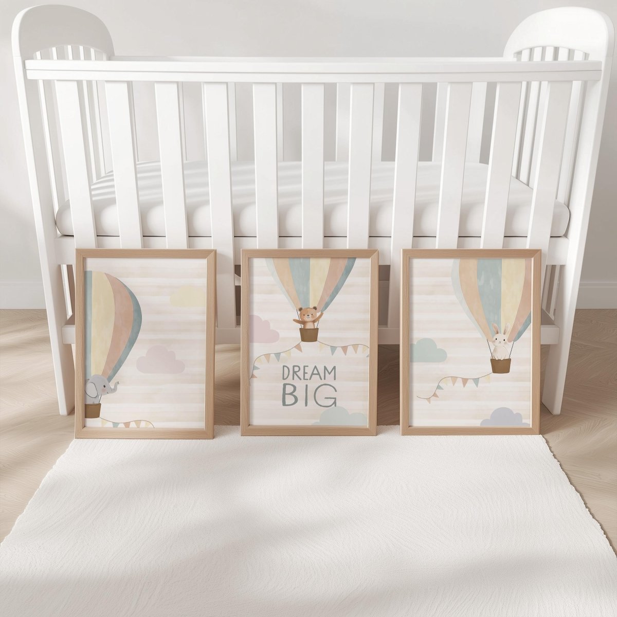 Set of 3 Hot Air Balloon Nursery Prints – Gender Neutral Boho Animal Wall Art for Kids Room - RoseRowanDesign -